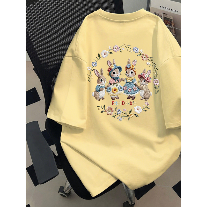 2025 novo estilo verão bonito meninos meninas imitação bordado coelho impressão ins camiseta médio grande crianças solto