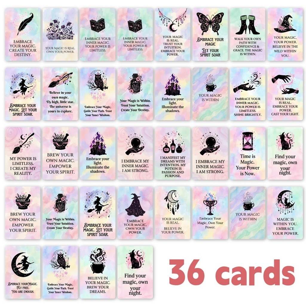 Cartão de afirmação mágica de bruxa indispensável autoinspiracional 36 cartões de texto inspiradores em inglês Cartões d