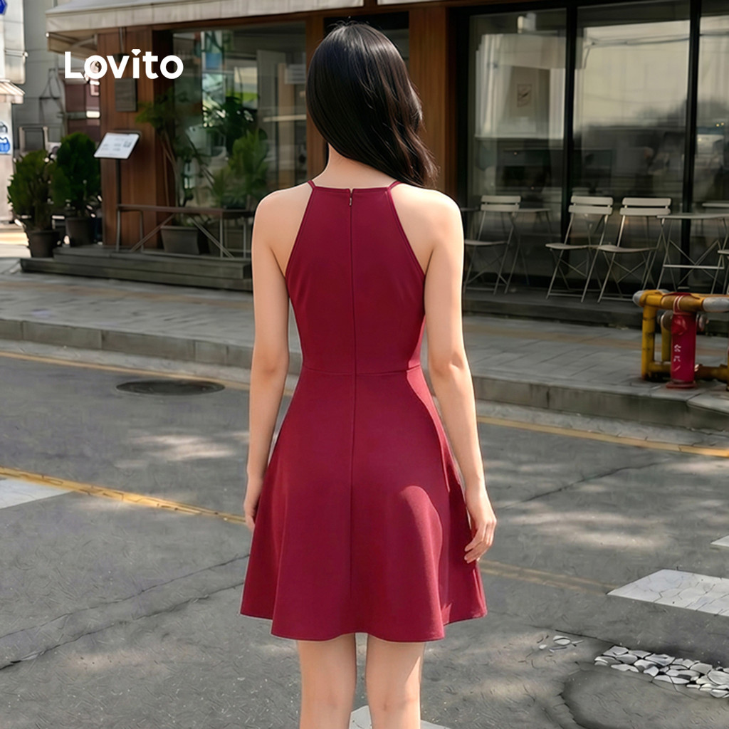 Lovito Casual Vestido de Festa Assimétrico com Amarração Aberta e Renda Primavera/verão Vermelho Vinho Bordado L155ED041 · foto 2