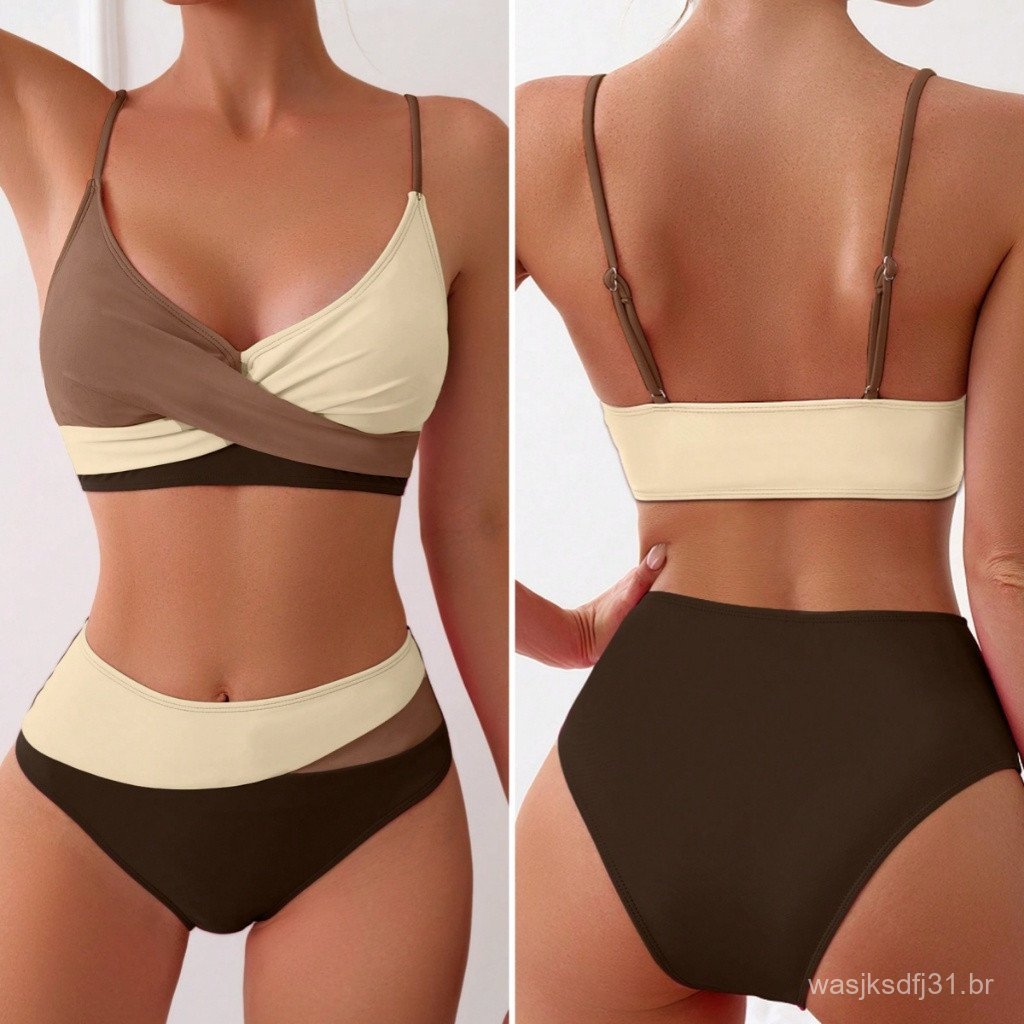 Biquíni Feminino Calcinha Cintura Alta Para Design Com Bojo Em Ponto Cruzado E Bloco De Cores