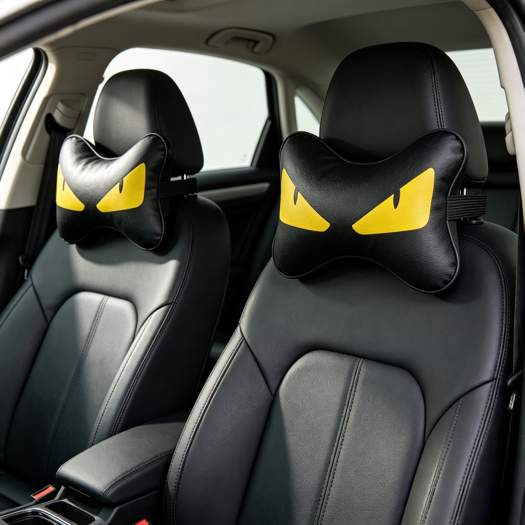 2 Pçs Travesseiro De Pescoço De Carro & Encosto De Cabeça Universal-Pelúcia De Couro Confortável De Luxo , Estilo Olho D