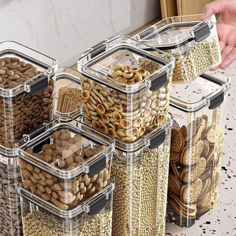 Latas seladas transparentes de cozinha, latas de chá, cozinha, caixa de armazenamento de grãos domésticos, produtos seco