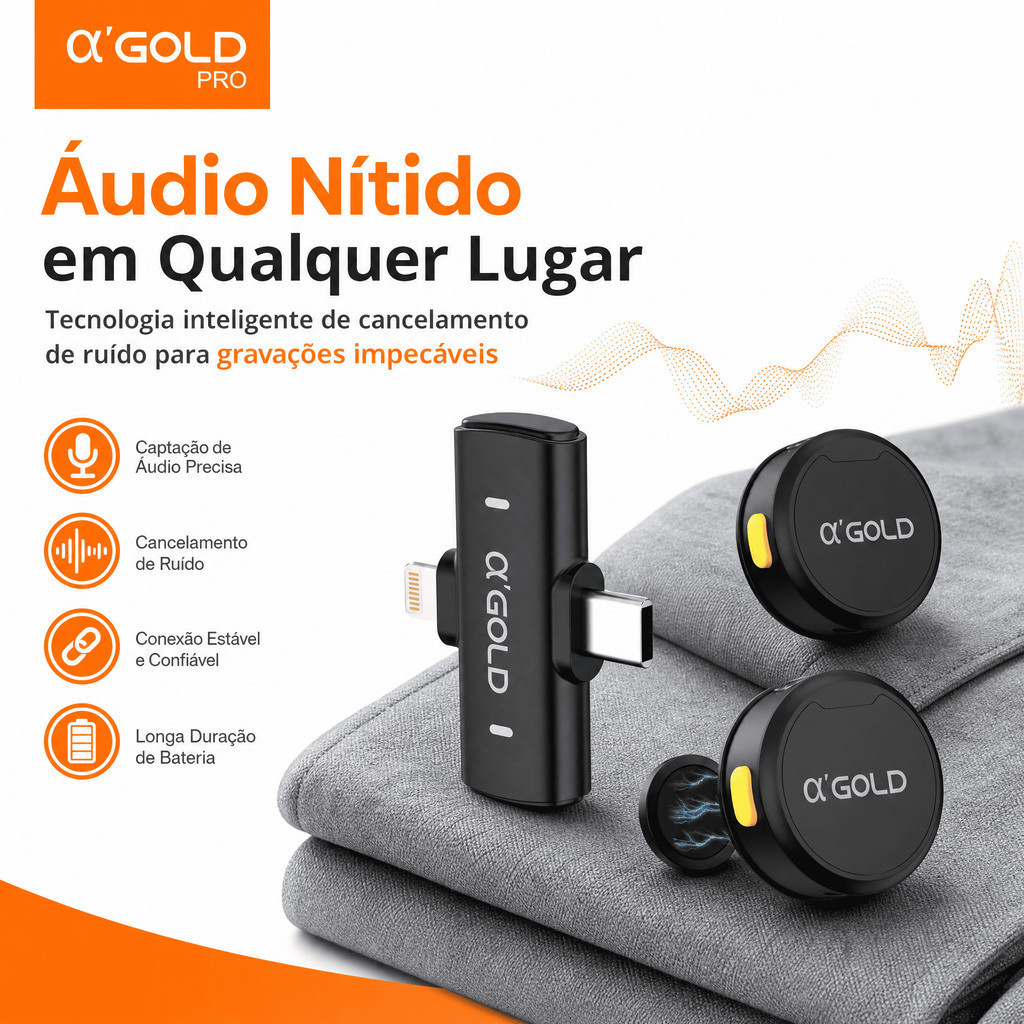 Microfone de Lapela Sem Fio Duplo A'Gold MCF-38D USB-C Lightning para Lives e Entrevistas