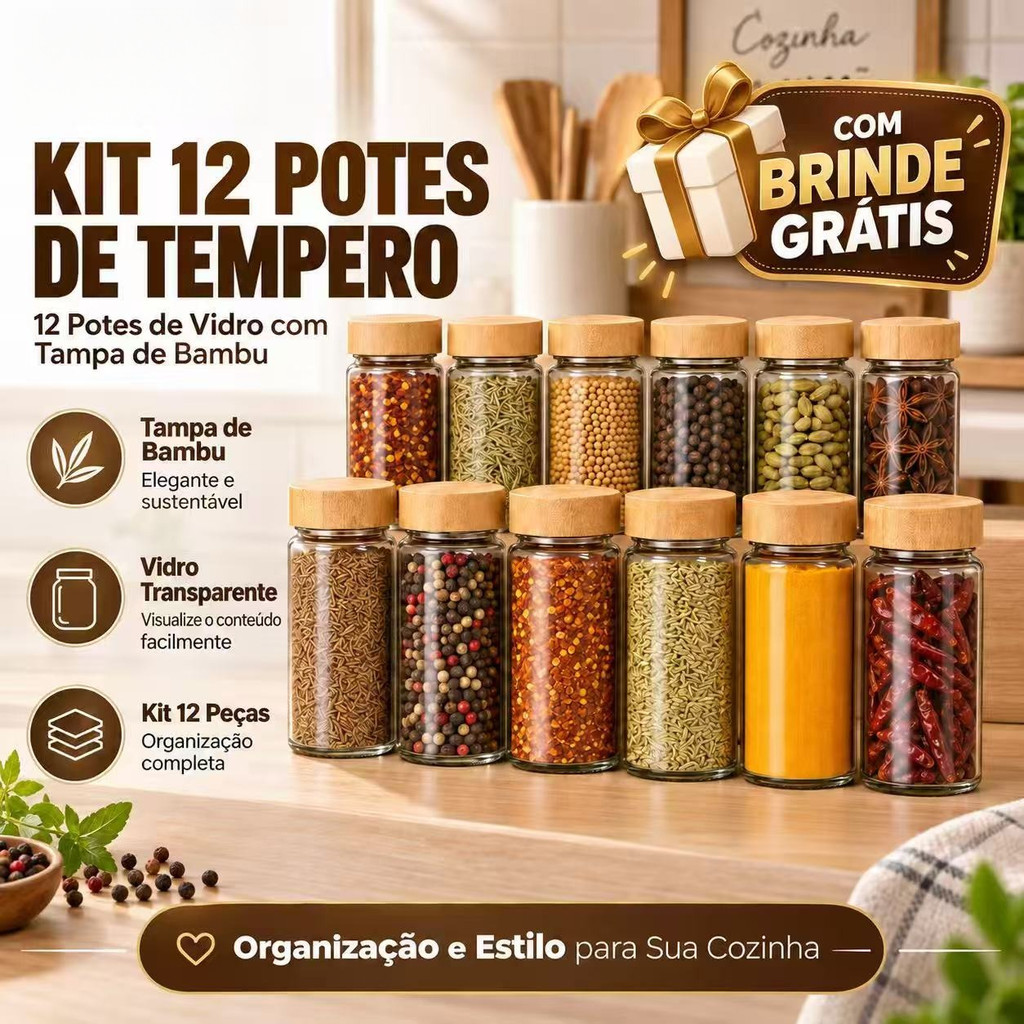 Kit 12/24/36 Potes Porta Temperos de Vidro com Tampa de Bambu para Cozinha Pimenta Especiarias