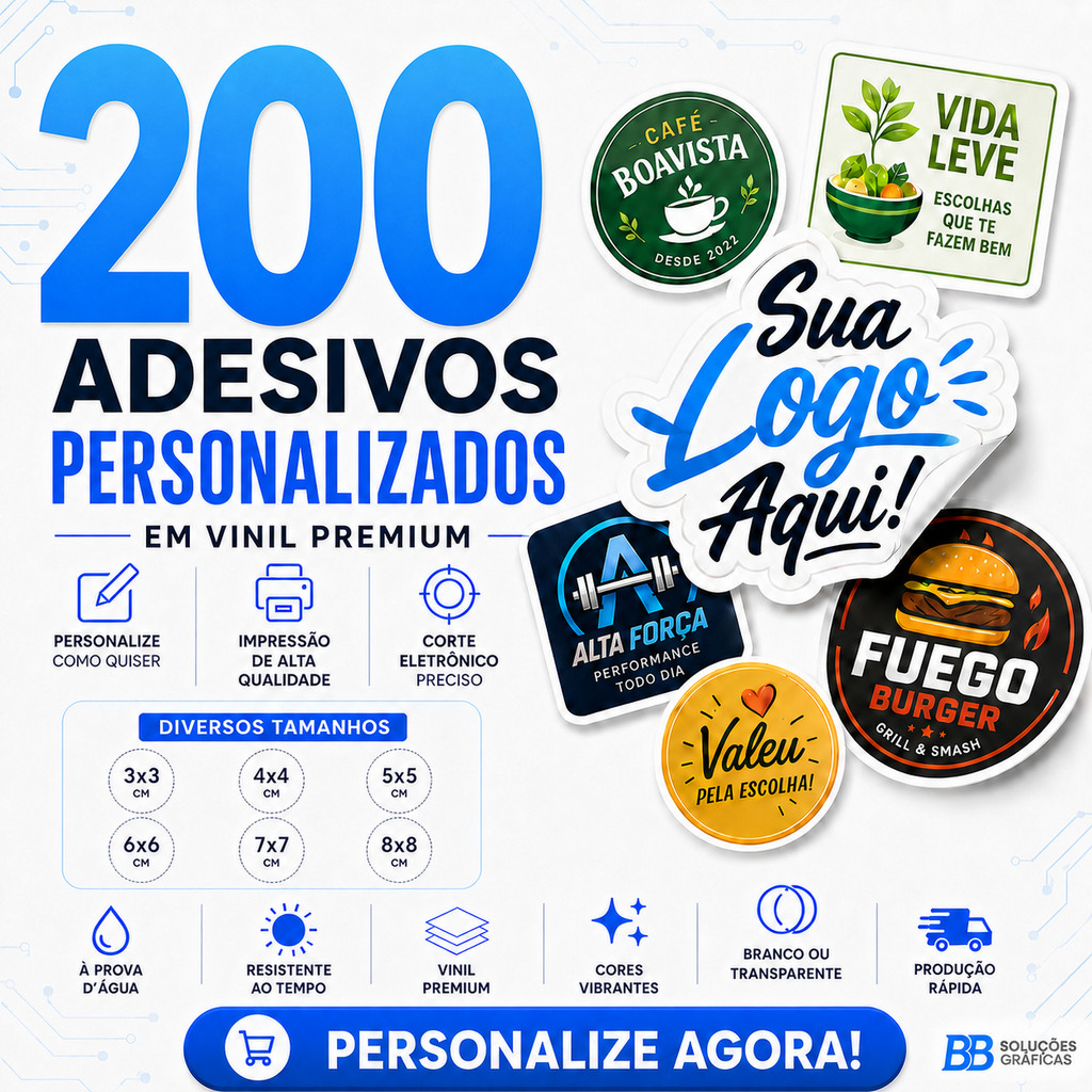200 Adesivos Personalizados em Vinil 3x3 4x4 5x5 6x6 7x7 8x8 Etc - Etiqueta Adesiva em Vinil Adesivo