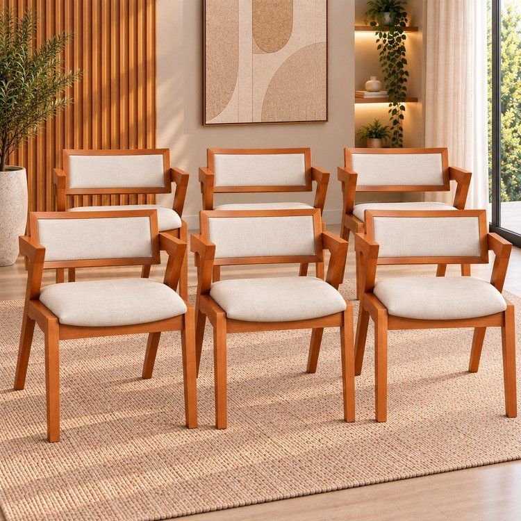 Kit 6 Cadeiras Madeira Maciça e Estofada Ímola Espresso Móveis Champagne/Off White
