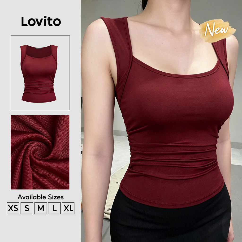 (New Arrival) Lovito Blusa Feminina Bordô Casual Lisa De Manga Curta Para Deslocamentos Minimalista Com Estilo Intelectual Para Primavera E Verão Natal Ano Novo Ano Novo Chinês E Fins De Semana TKK10P