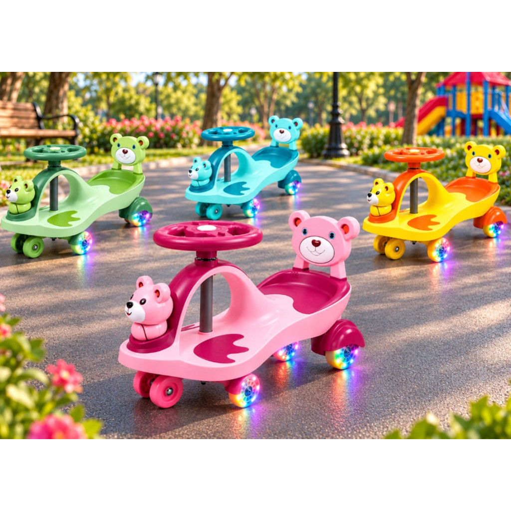 Gira Car Carrinho Rolimã Urso Infantil 360° Com Luz LED Nas Rodas Som e Volante Musical Até 110kg