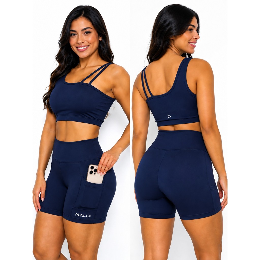 Conjunto Fitness Top + Short Marinho com Bolso Lateral Cintura Alta Poliamida Zero Transparência Academia Treino Mali