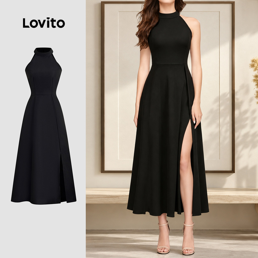 Lovito Elegante Vestido Frente Aberta para Viagem Primavera/verão Preto para Mulheres L172ED773