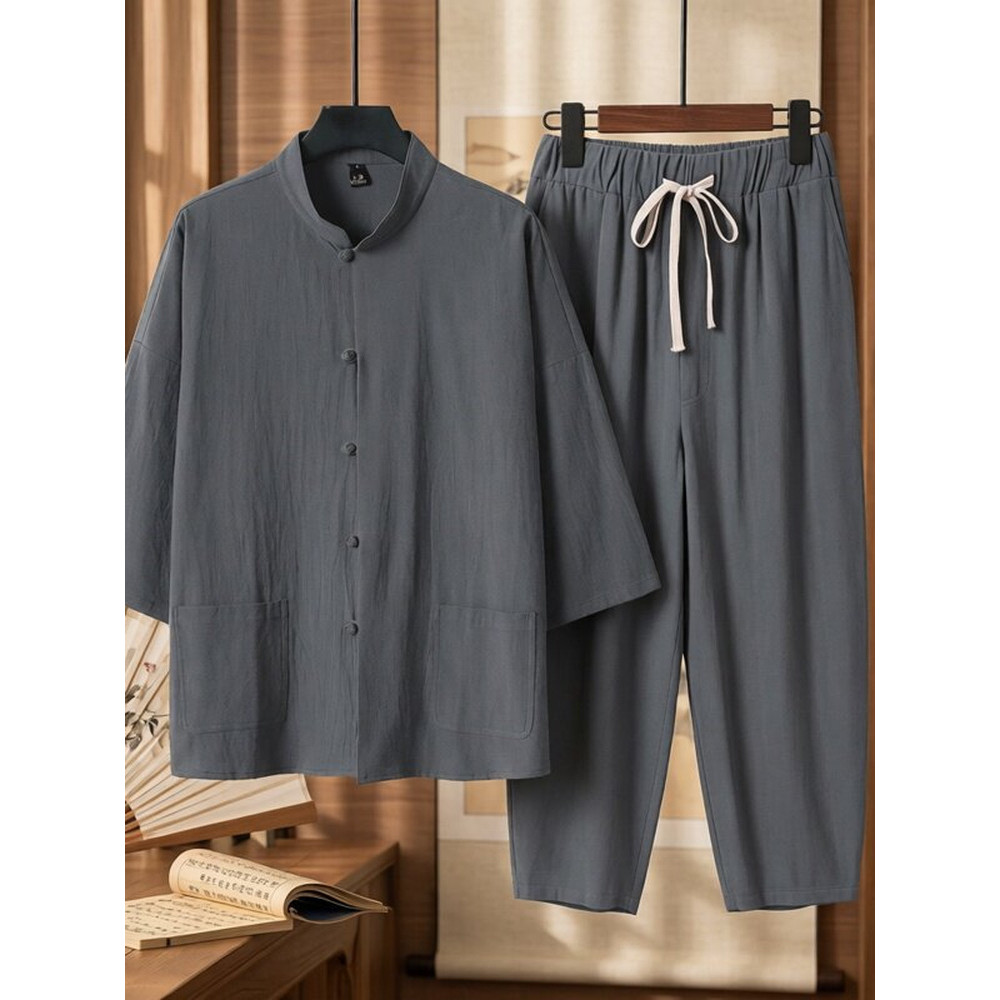 Terno de linho de algodão masculino estilo chinês pai usar primavera verão outono camisa de manga de três quartos mascul