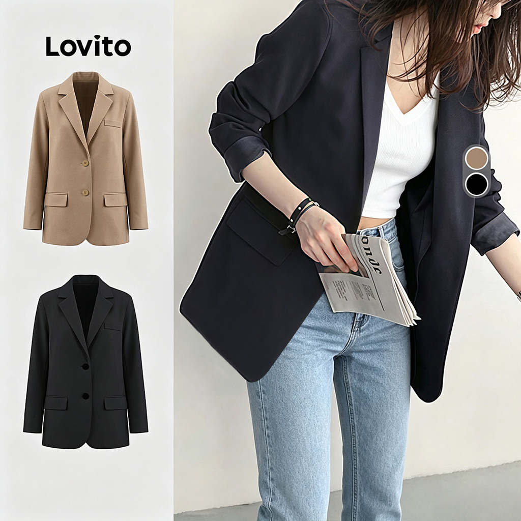 Lovito Blazer Casual Preto Leve Com Bolsos De Botão Para Primavera/verão Para Mulheres BZNS149BX257
