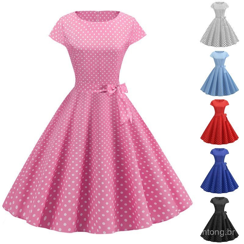 Vestido curto de manga curta com estampa de bolinhas, estilo retrô, EC5P.