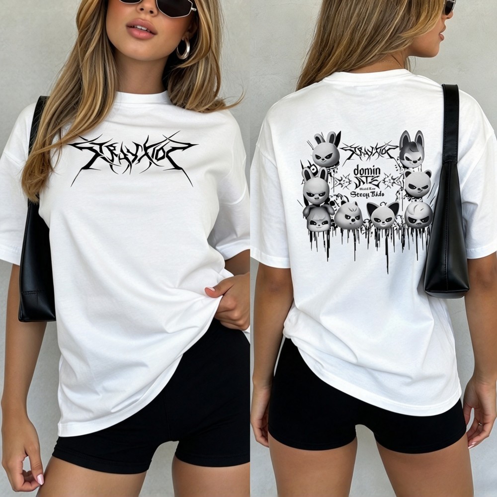 Camiseta Unissex Premium De Algodão Branca Estampa Kpop Stray Kids Estilo Streetwear Para Uso Casual Passeio E Eventos