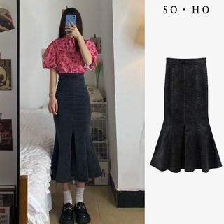 2025 novo estilo Split Fishtail Denim saia feminina influenciador cintura alta estiramento magro-ajuste Hip-embalado