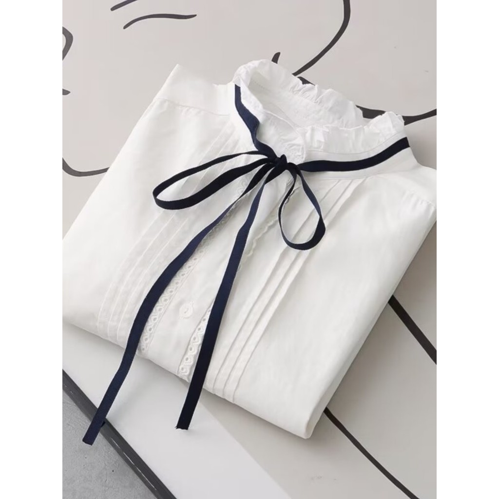 Gola de renda gravata laço laço branco manga comprida camisa branca Design feminino redução de idade camisa solta camisa