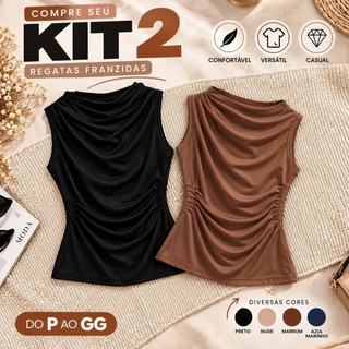 Kit 2 Blusas Feminina Regata Drapeada Assimétrica Plissada Básica Casual