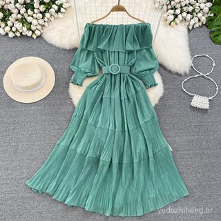 Vestido de verão em chiffon, cor lisa, elegante, com design plissado, estilo francês, decote ombro a ombro, corte ajusta