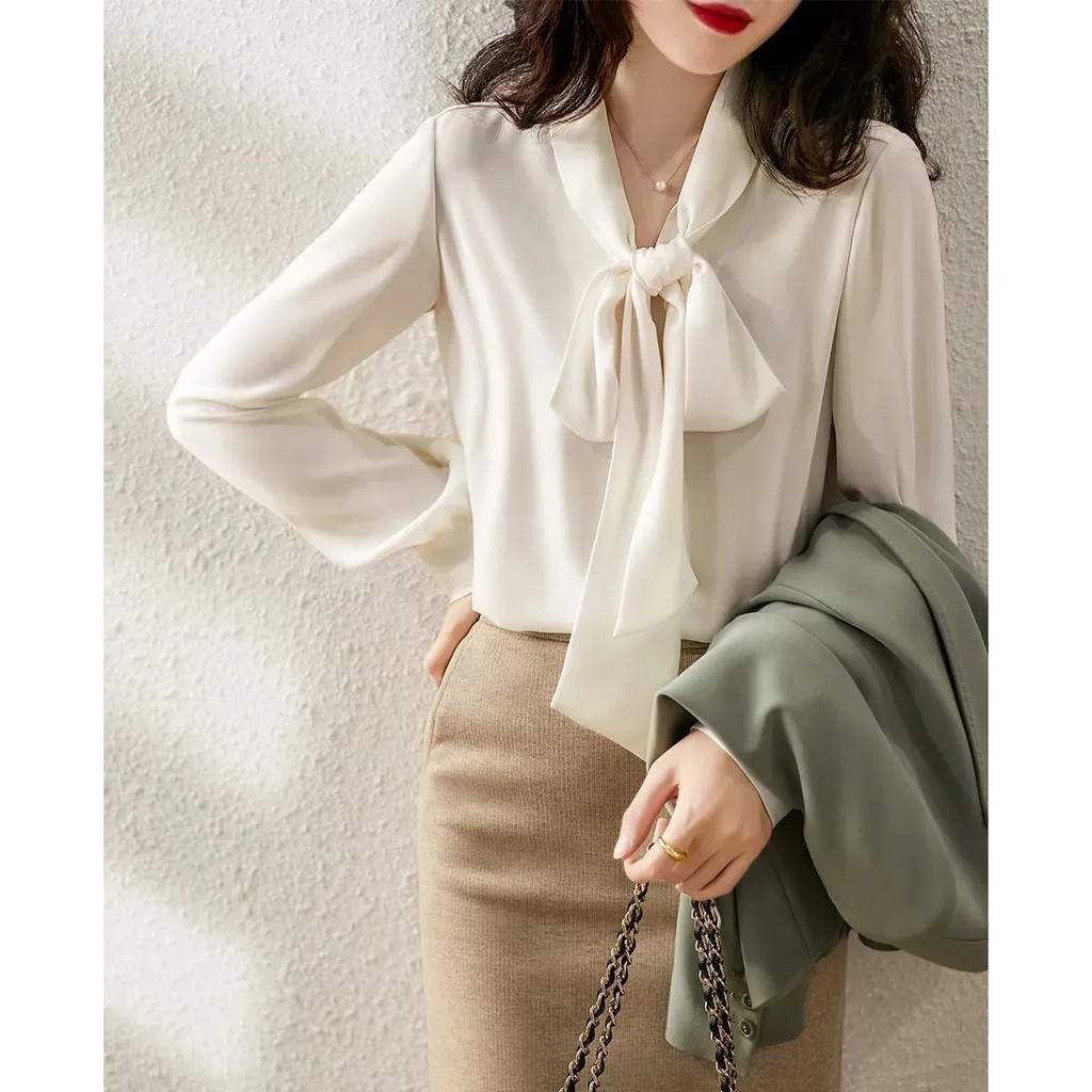 Camisa de Chiffon branco feminina primavera novo estilo versão coreana solta fita de manga comprida elegante feminino el