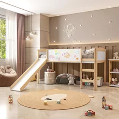Cama Alta com Escorregador e Lousa Madeira Maciça/MDF Exclusive Casatema MadeiraOriginals Branco/Marrom