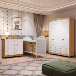 Quarto de Bebê com Guarda-Roupa Cômoda e Berço com Capitonê 100% MDF Maya Clássico Espresso Móveis B Branco