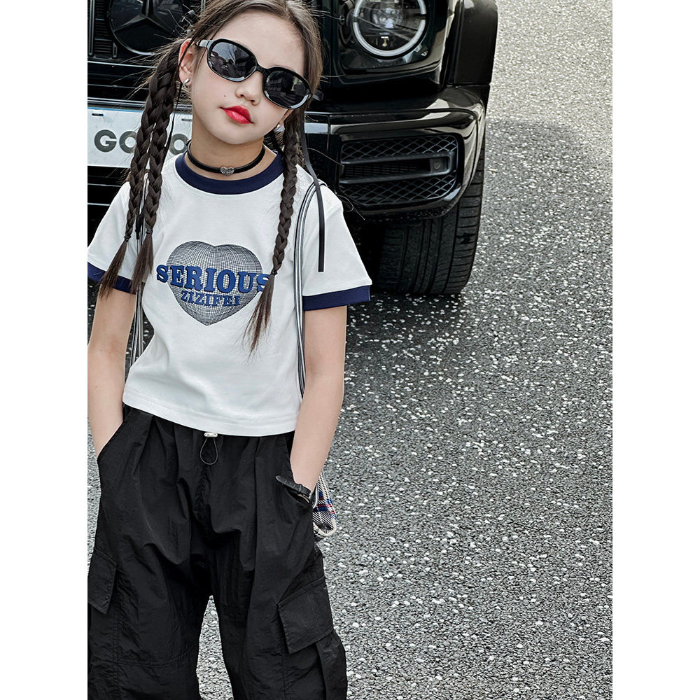 Meninas camiseta de manga curta verão estilo ocidental 2025 novo estilo crianças puro algodão em torno do pescoço meia m