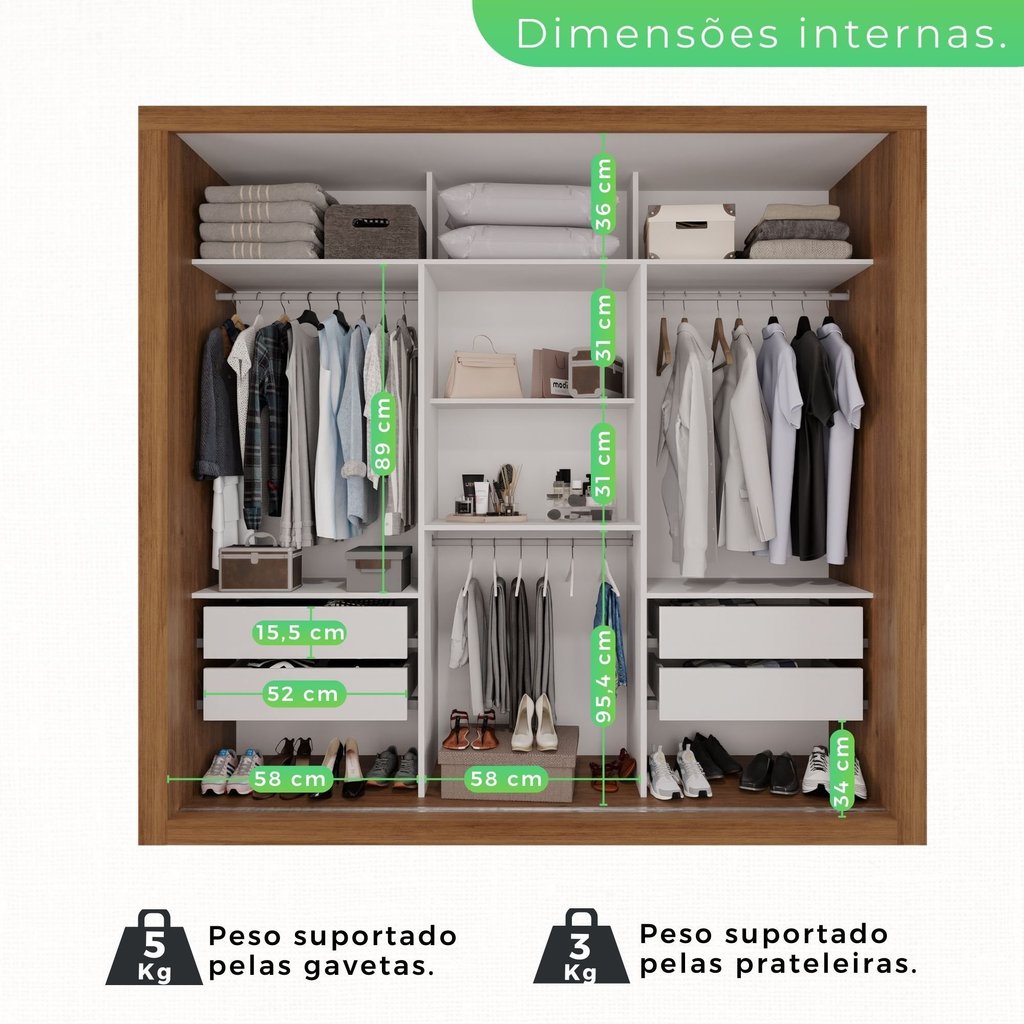 Guarda-Roupa Casal 3 Portas com Espelho Central 4 Gavetas Costa Rica Cinamomo/Off White Cinamomo/Off-White · foto 2