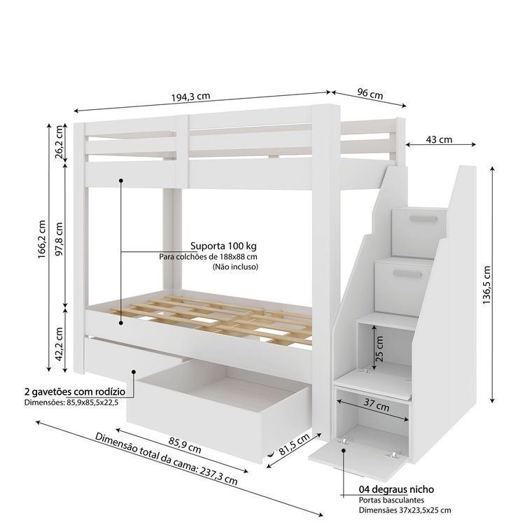 Beliche Solteiro Adulto com 2 Gavetões e 4 Nichos Star Plus Casatema MadeiraOriginals Branco Branco — imagem 2 de 2