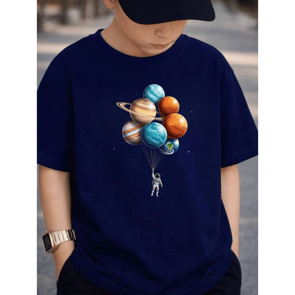 Camiseta Infantil para Meninos e Adolescente Camisa de Crianças 100% Algodão Balão de Planetas - Astronauta