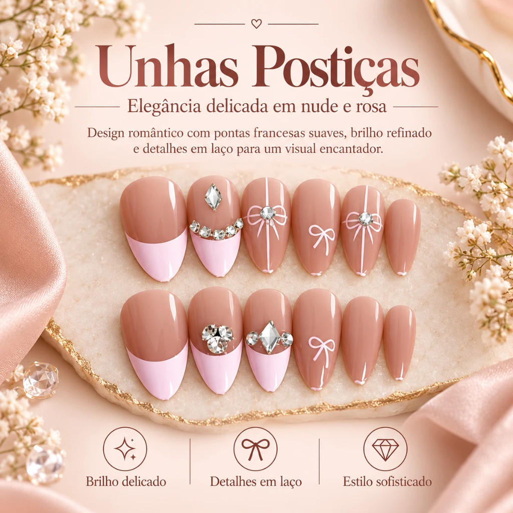 Kit Unhas Postiças de Pressão Amêndoa Nude, Francesinha Rosa, Strass e Laços