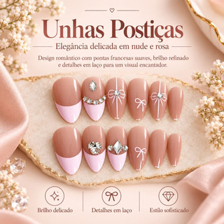 Kit Unhas Postiças de Pressão Amêndoa Nude, Francesinha Rosa, Strass e Laços