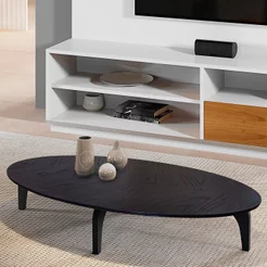 Mesa de Centro Oval Orgânico Pés Madeira Maciça Laminada 100% MDF 100x45cm Canada Preto Preto