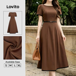 Lovito Elegant Vestido Midi Linha A Botões Contraste Casual Trabalho Primavera Verão Marrom Para Mulheres DRB38BR010