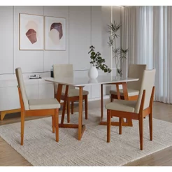 Conjunto Sala de Jantar Mesa 4 Cadeiras Vidro Madeira Maciça MDF Califórnia Dakota Marrom Caramelo