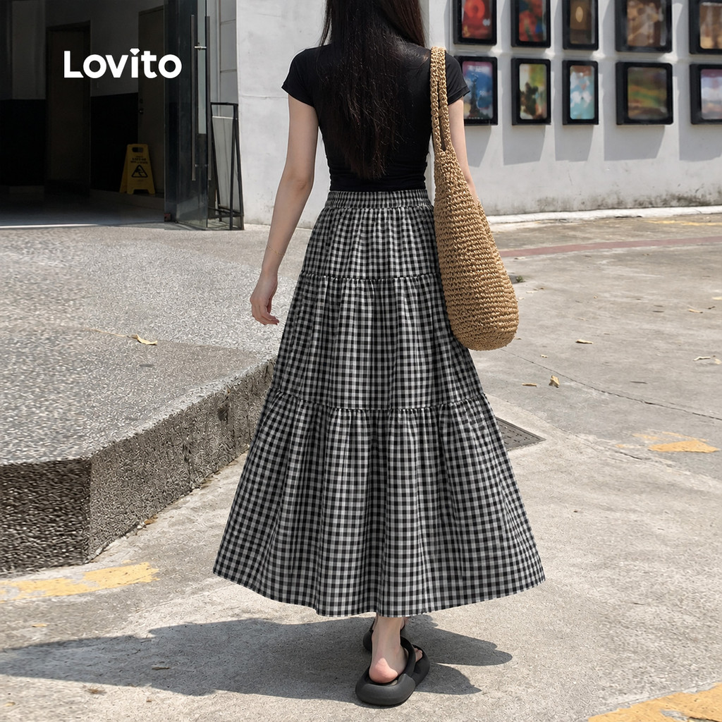 Lovito Casual Saias de Camadas para Primavera/verão Saias Pretas e Brancas para mulheres L149LD012 · foto 2