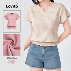 Lovito Casual Blusa com Franzido Primavera/verão Blusa Cáqui para Mulheres L142ED932