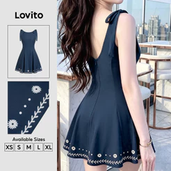 Lovito Vestido Casual Azul Escuro com Estampa de Laço para Mulheres primavera/verão DRB203TD210