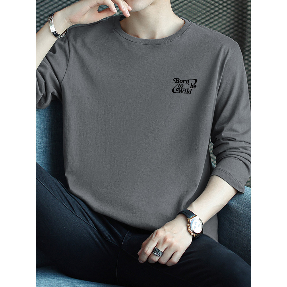 Camiseta de manga comprida de algodão puro masculina Street Wear na moda carta impressa camisa pequena em torno do pesco