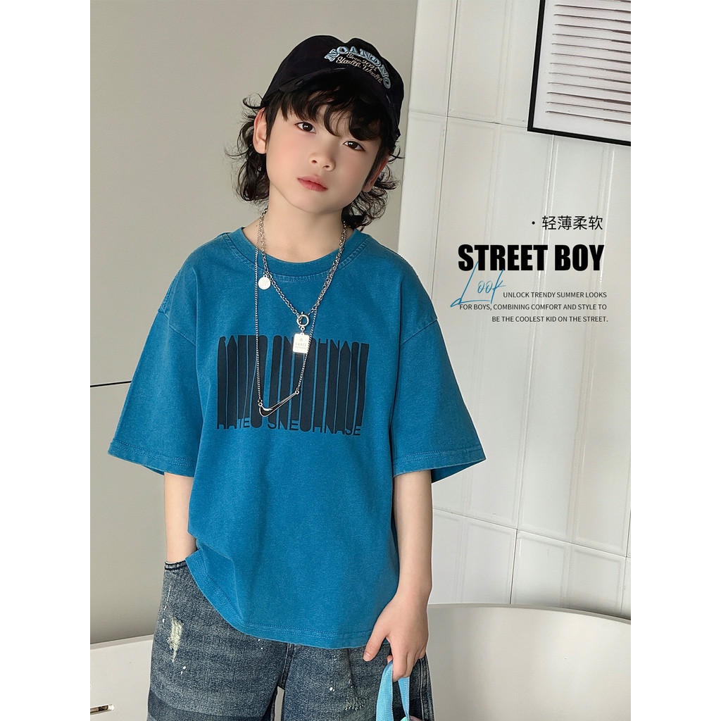 Crianças verão oversize solto manga curta camiseta meninos verão puro algodão impresso em torno do pescoço All-Match top