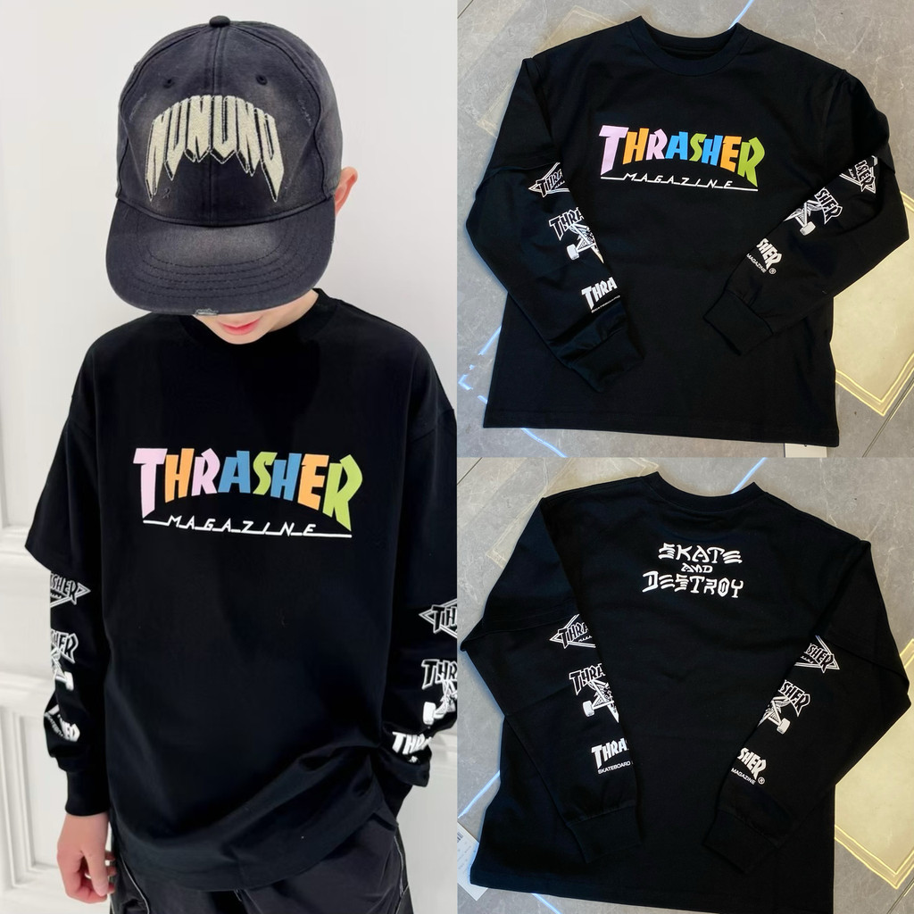 Primavera estilo japonês roupas infantis crianças falso de duas peças arco-íris letras de manga comprida camiseta menino