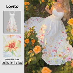 Lovito Vestido Feminino Branco Boho com Estampa Floral Linhas Estruturadas e Amarração Modelo Longo A Primavera Verão Férias DRB203TD141