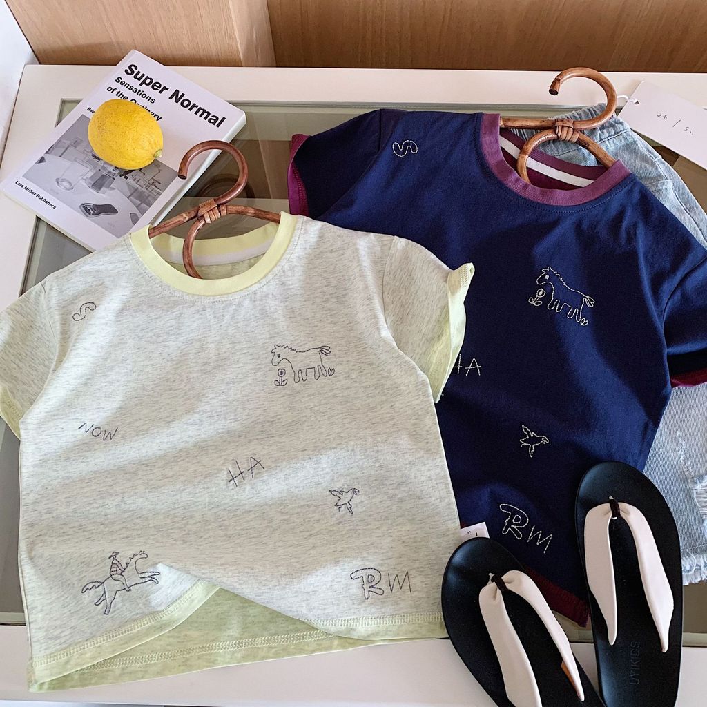 Crianças versão coreana contraste cor colarinho dos desenhos animados impresso camiseta 2026 meninos meninas verão de ma