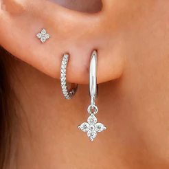3 pares de brincos femininos prata 925, pingentes de flores incrustados com zircônia, banhados a ouro 18K