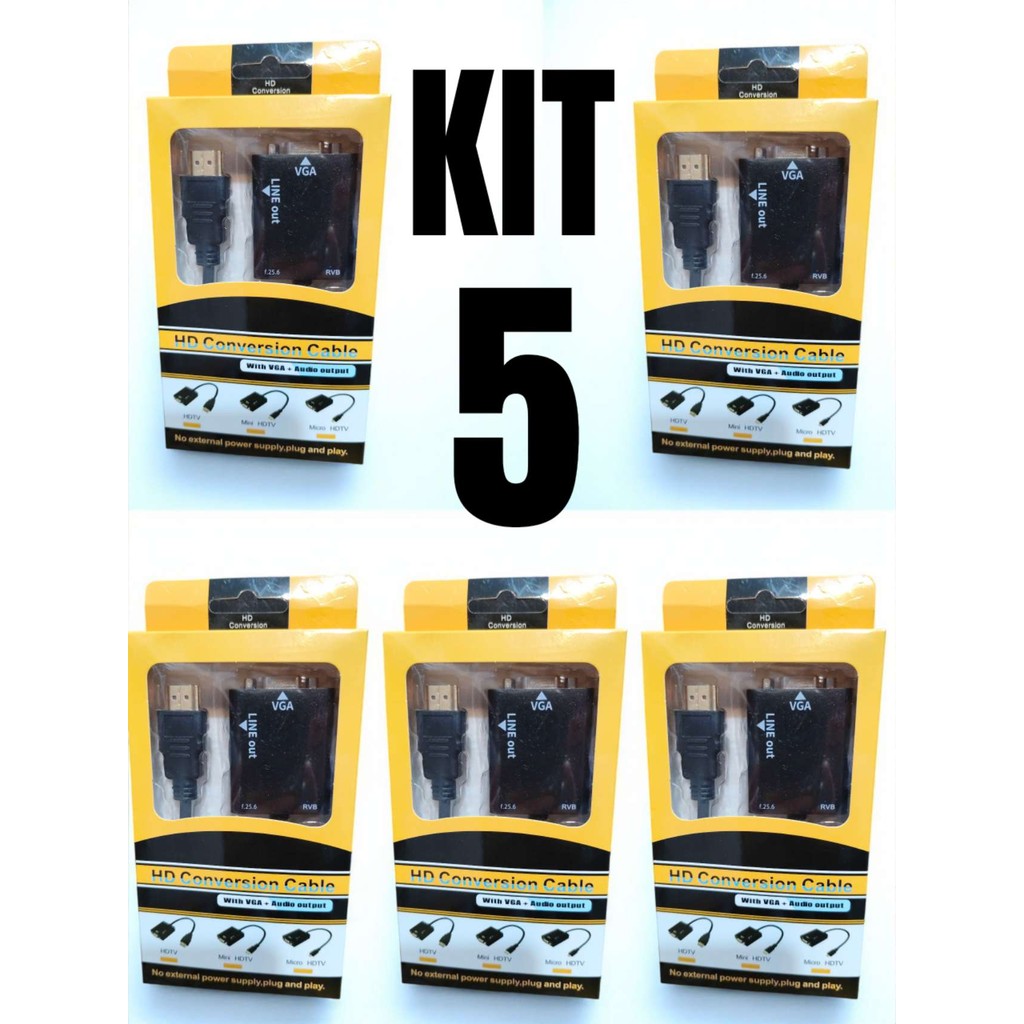 Kit Atacado 5/7 Cabo Conversor Adaptador Hdmi Para Vga Com Saída P2 Áudio