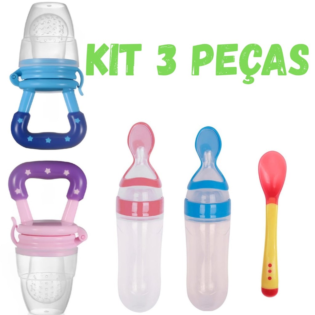 Kit 3 Peças Chupeta Alimentadora Colher Dosadora E Colher Papinha Introdução Alimentar Silicone