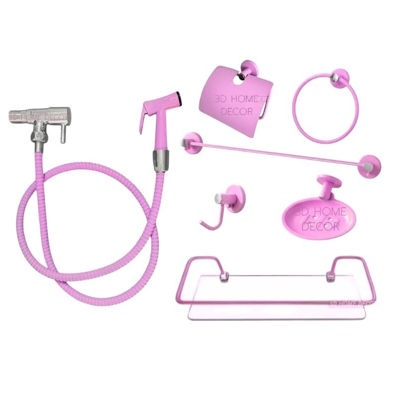 Acessórios P/ Banheiro Cor Rosa Metal 7 Peças Papeleira INOX Porta Shampoo Reto Rosa Saboneteira