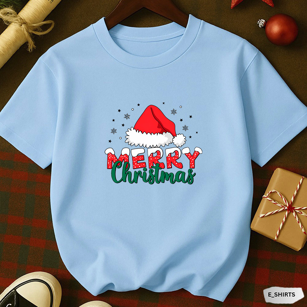Camiseta Basica Unissex Merry Christmas | Estampa Natalina com Gorro do Papai Noel e Letras