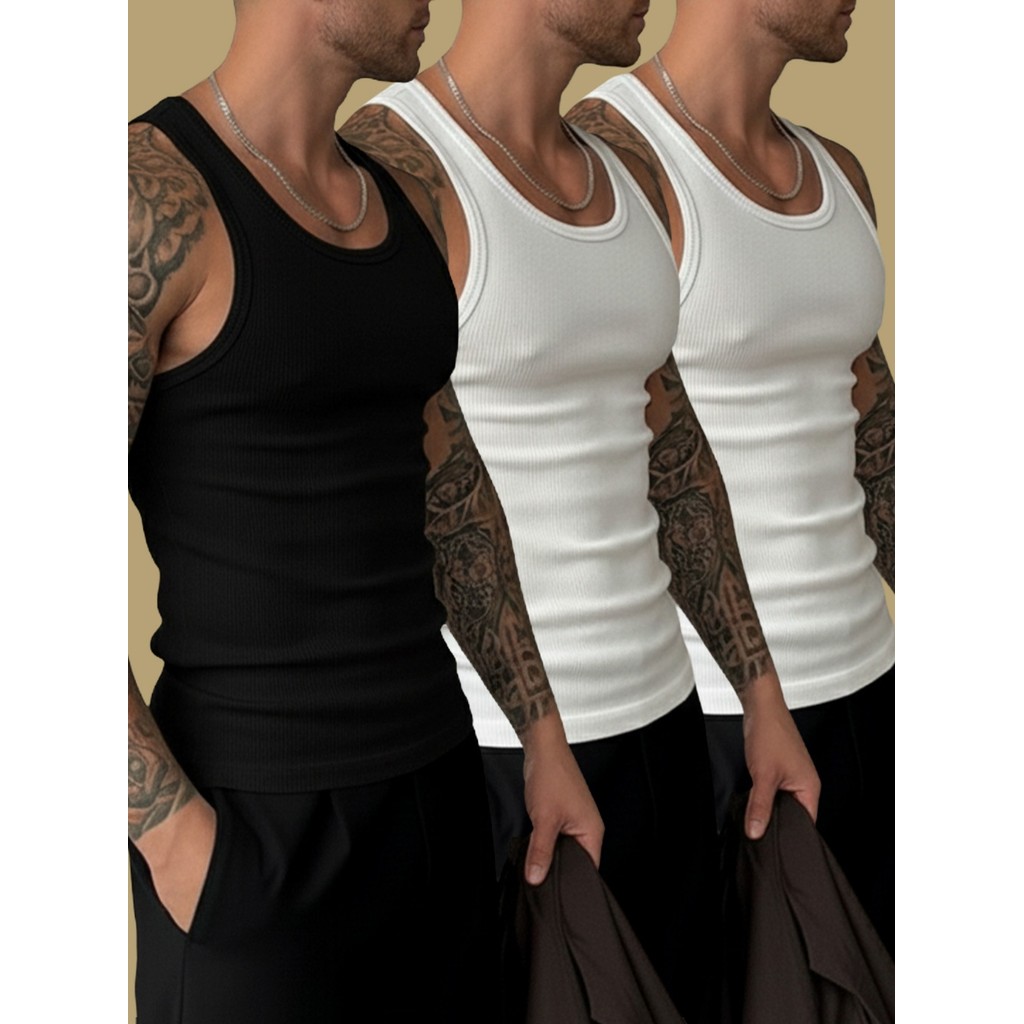 Regata Canelada Unissex Kit 3 Camisetas Alça Modelo Americana Canelada Academia Premium