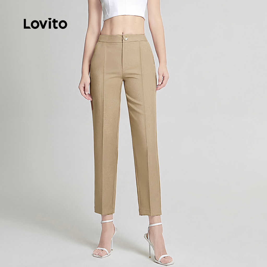 Detalhes do Lovito Calças Elegantes Com Botões Calças Cáqui De Verão/primavera Para Mulheres L134ED480