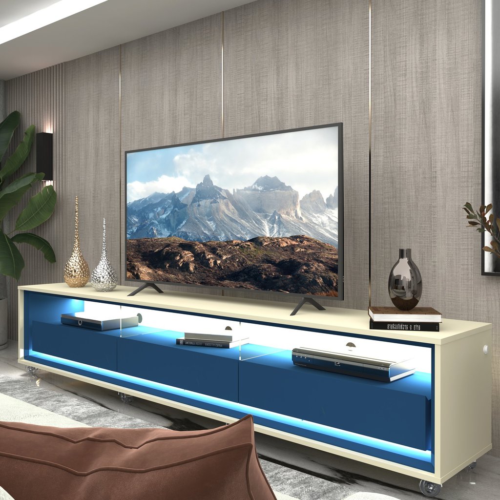 Rack para TV até 85 Polegadas com LED e Rodízios 211,4cm 100% MDF Requinte Off White/Azul Royal